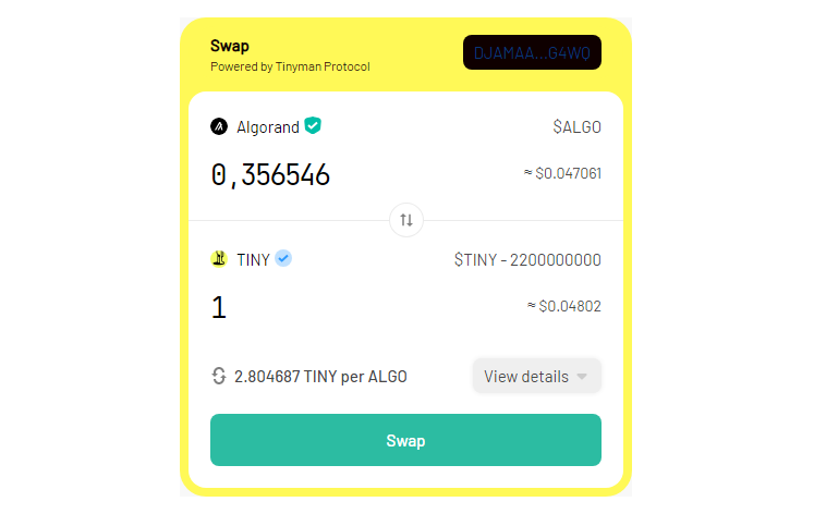 interface ui swap algo tiny algorand ecossistema criptomedia