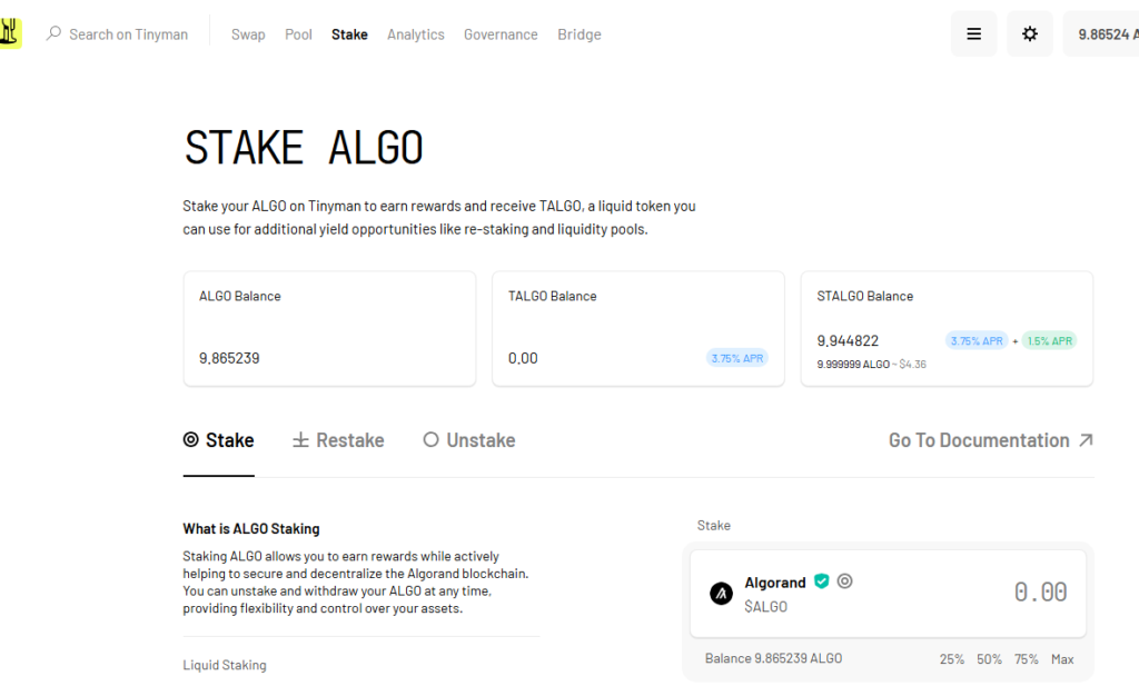 stake tALGO e STALGO tinyman